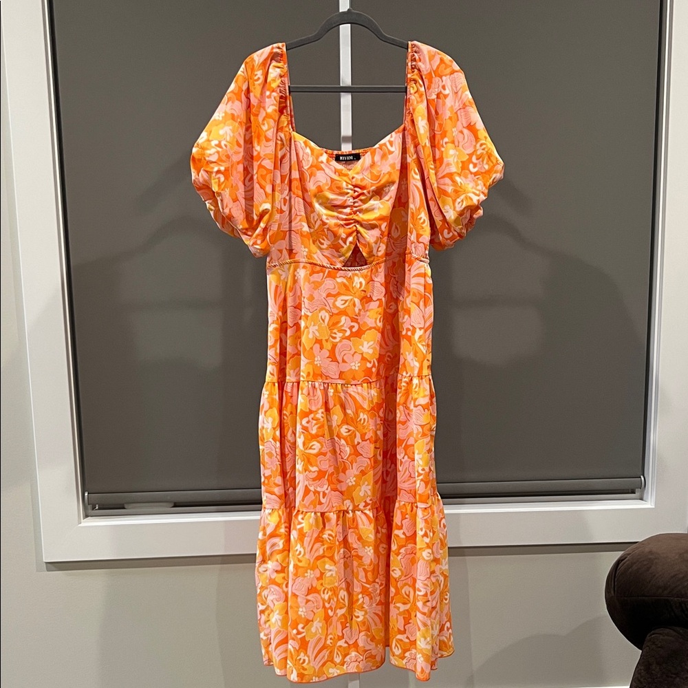 Orange Floral Ruffle Midi Dress